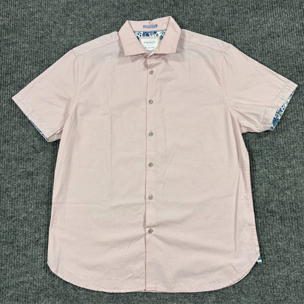 Denim & Flower Ricky Singh Mens Button Up Shirt L Pink Polka Dot Short Sleeve